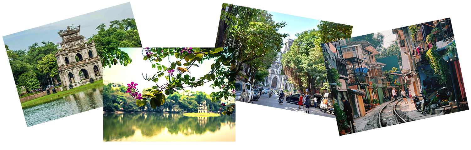 Four photos of Hanoi: a temple, flowers near water, a cathedral and a street with train tracks going down the middle.