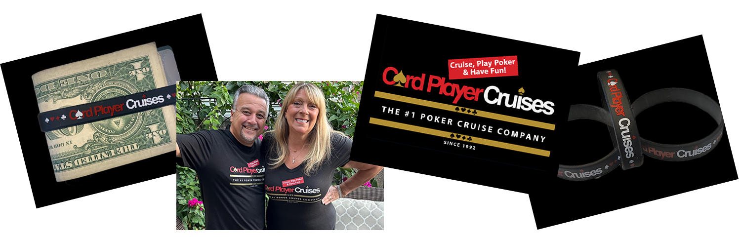 Teeshirts modeled by staff.  T-shirt is black with red and white lettering. It says Card Player Cruises, the #1 Poker Cruise Company since 1992. A tilted red box above says, Cruise, Play Poker & Have Fun!