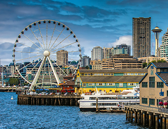 Seattle, Washington city and foliage in front of a sunset
