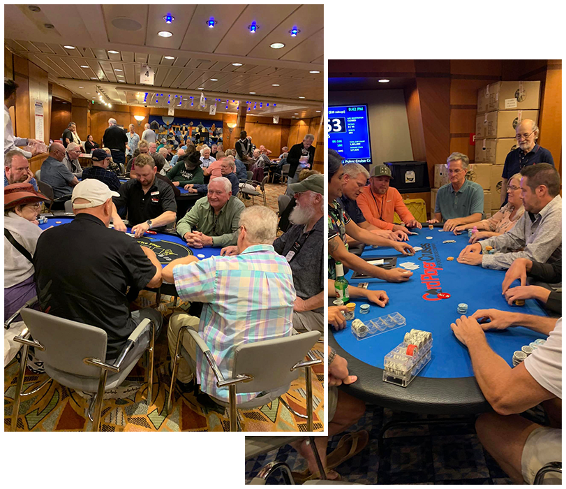 Two images of players seated around full poker tables
