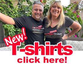 Mark and Tina Napolitano modeling black t-shirts with Card Player Cruise logo, number one poker cruise company beneath and cruise, play poker and have fun in a red box
